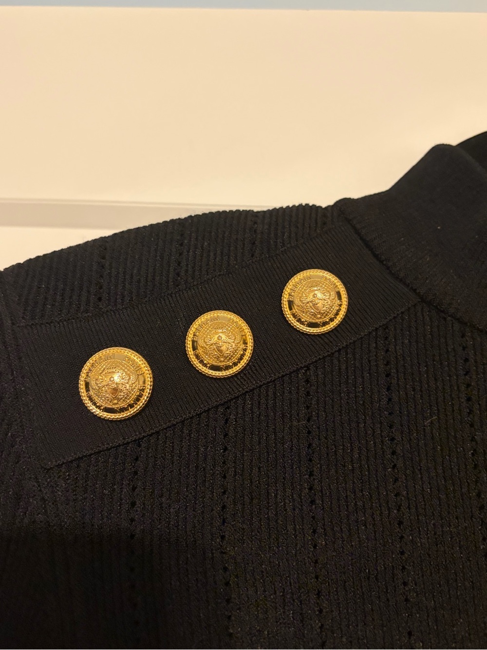 Balmain Black Midi Knit Dress with Gold Shoulder Buttons - Picture 3 of 5